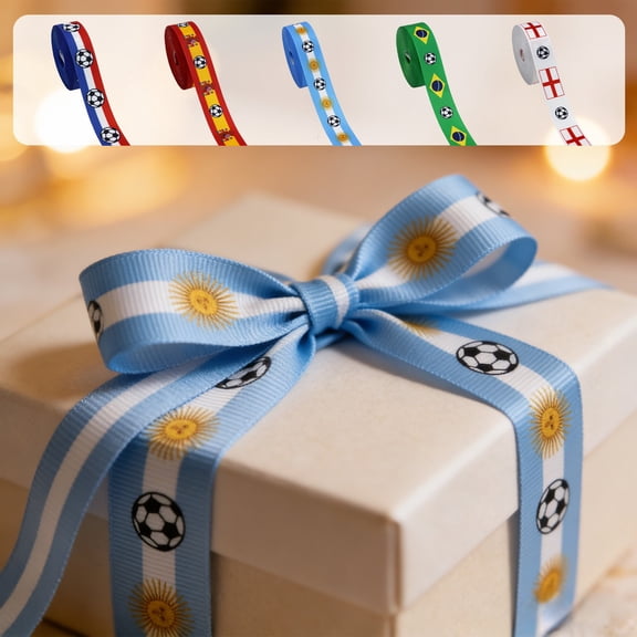 Bowayaoa Soccer Flag Grosgrain Ribbon, Polyester Decorative Ribbon, Fade Resistant Football Themed Ribbon for Gift Wrapping, DIY Bows, Party Decorations, Cheer Supplies & Fan Accessories