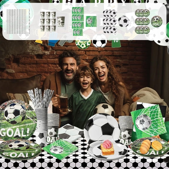 Bowayaoa Soccer Themed Disposable Tableware, Paper Plates Cups Napkins, Food Safe Recyclable Paper Tableware for Sports Events, Match Watch Parties and Game Day Gatherings