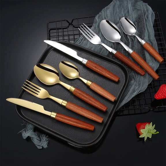 Bowayaoa Stainless Steel Steak Cutlery with Wood Grain Handle, Ergonomic Grip Knife Fork Spoon Single Piece, Rust Resistant Easy Clean Metal Utensil for Home Kitchen Restaurant Daily Dining Use