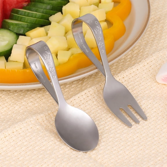 Bowayaoa Stainless Steel Training Fork & Spoon, Ergonomic Loop Handle Utensils with Star Pattern, Rustproof Self-Feeding Cutlery for Meal Time