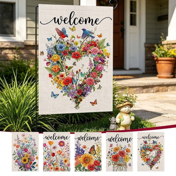 Bowayaoa Welcome Floral Wreath Garden Flag, Weather Resistant Linen Texture Polyester Yard Flag, Waterproof Fade Proof Outdoor Hanging Flag for Porch Courtyard Farmhouse Seasonal Decor