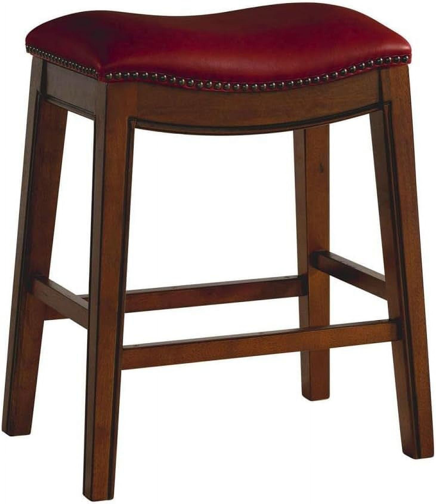 Transitional Red Leather & Wood 24" Saddle Counter Stool