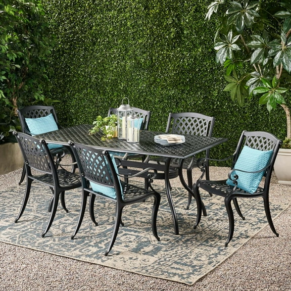Bowen 7-Piece Outdoor Cast Aluminum Rectangular Dining Set, Black Sand