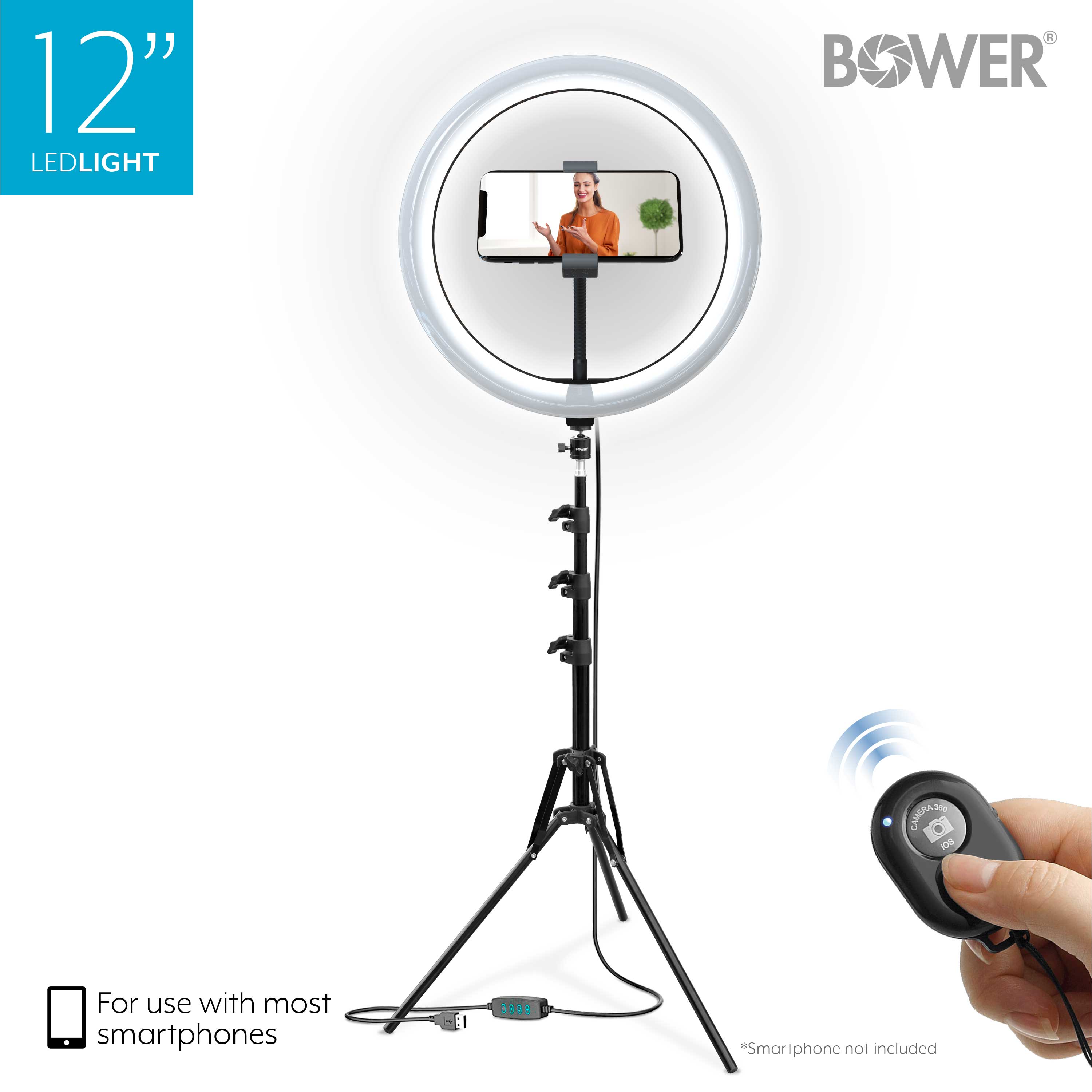 Bower 12” Studio Light USB Power Ball-Head Mount 62" Adjustable Tripod 3 Colors 10 Brightness Levels In-Line Remote - image 1 of 7
