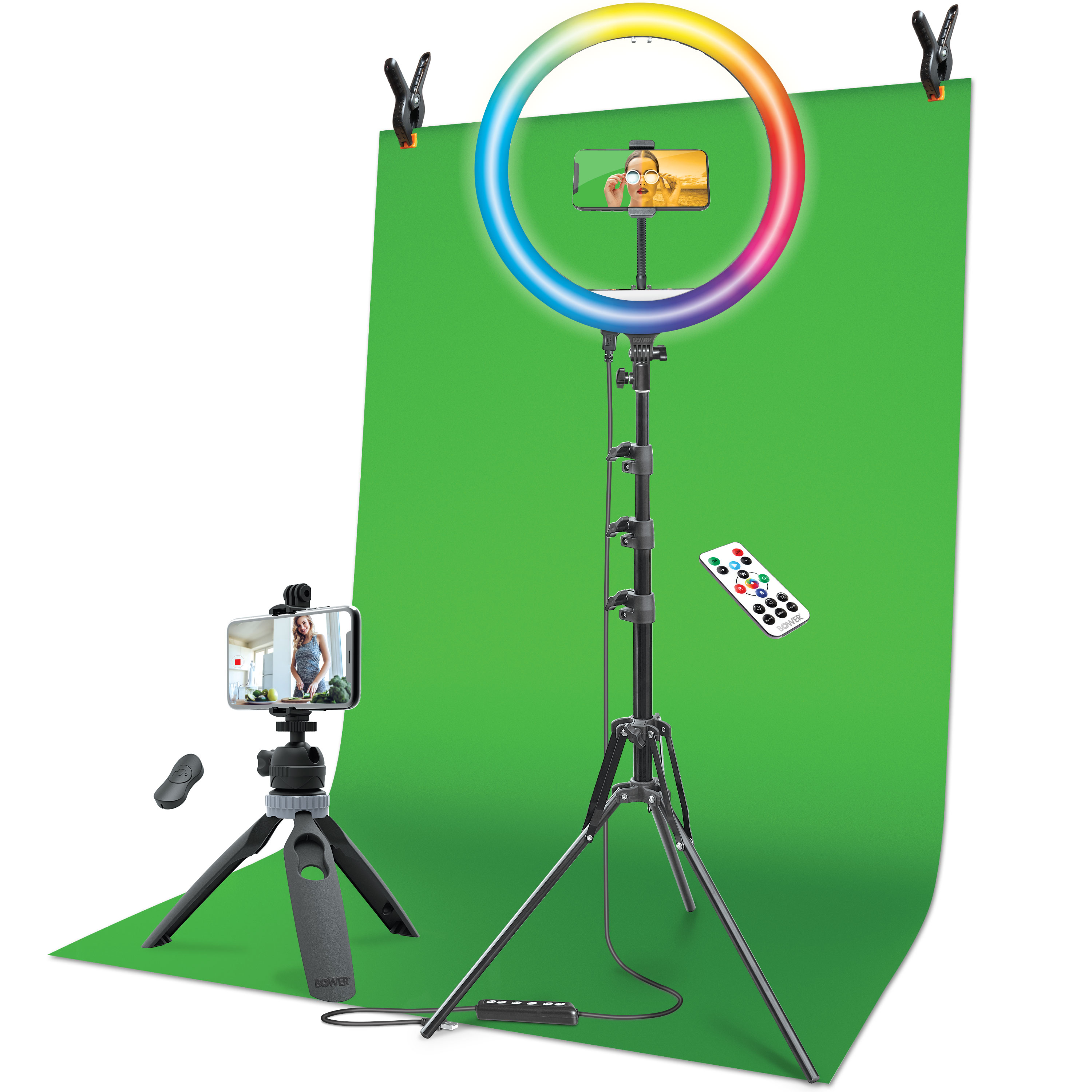 Bower Content Creator Kit with16-inch RGB Ring Light, 62-inch Adjustable Tripod, and Green Screen for Content Creation Camera Accessory - image 1 of 7