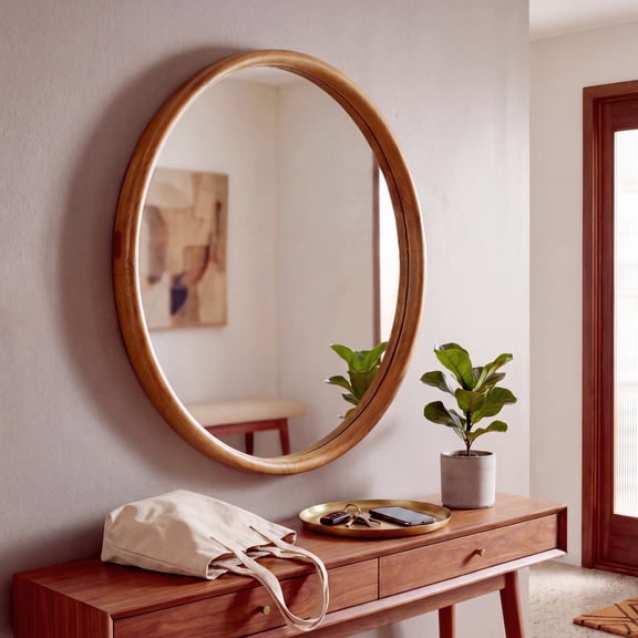 Bower Home Round Walnut Wood Mirror