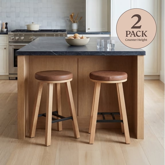 2 Pack – Bower Home Solid Wood 24 Inch Round Counter Stool with Upholstered Seat and Metal Footrest