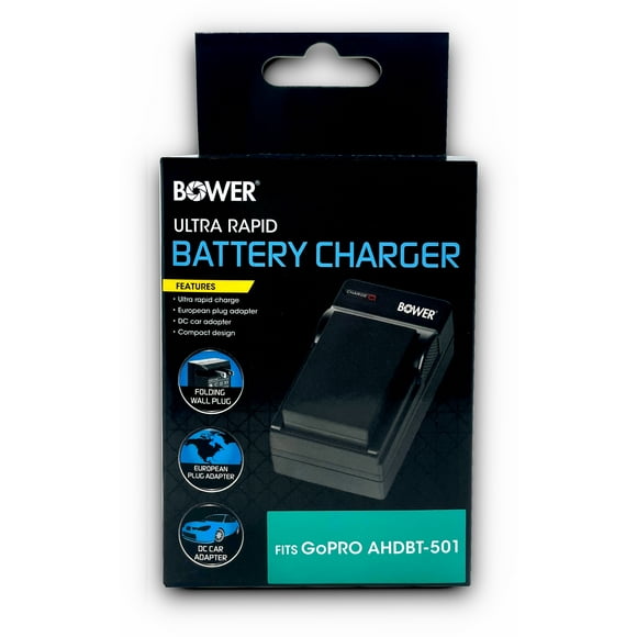 Bower Ultra Rapid Charger for GoPro Hero5, Hero6, Hero7 Battery | Charger for GoPro AHDBT-501 - Ultra Fast Charging, European Plug Adapter, DC Car Adapter, Compact Design