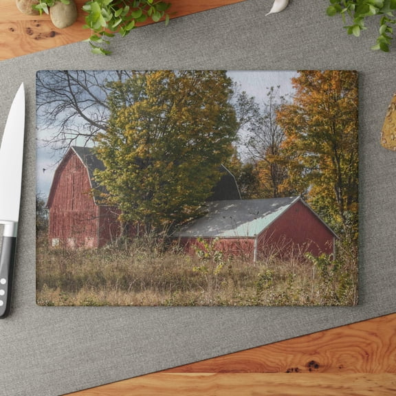 U R There Photography Bowers Road Red I Rustic Farmhouse Tempered-Glass Cutting Board 11"x 15"