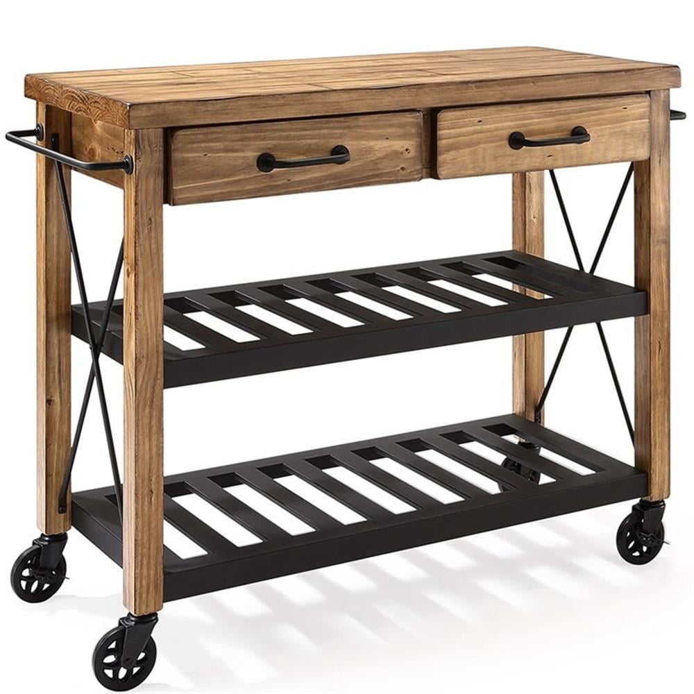 Bowery Hill 2-Drawer Wood Industrial Kitchen Cart in Natural/Black