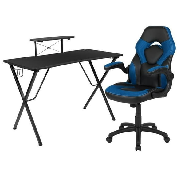 Bowery Hill 2 Piece Gaming Desk Set with Monitor Stand in Black and Blue