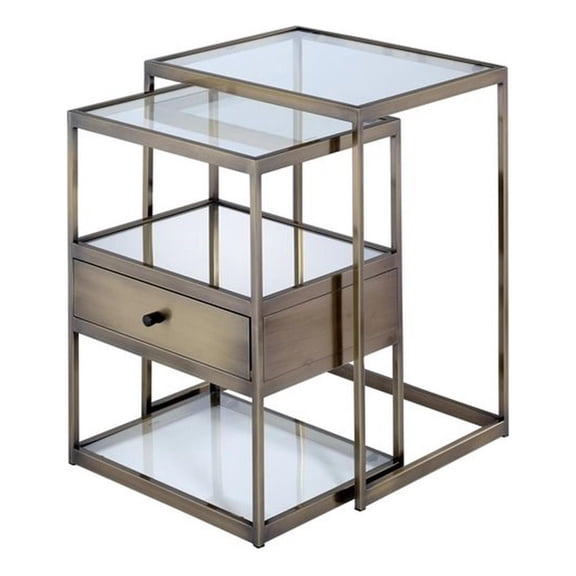 Bowery Hill 2-Piece Glass Nesting Table in Antique Brass Finish