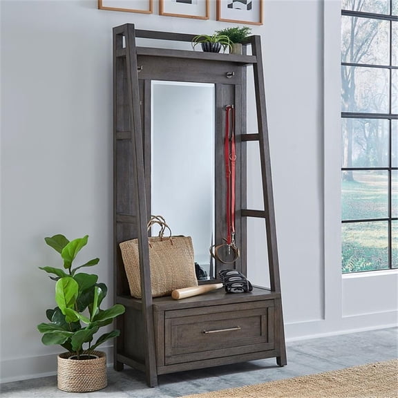 Bowery Hill 2 Piece Hall Tree with Mirror and Storage Drawer in Gray