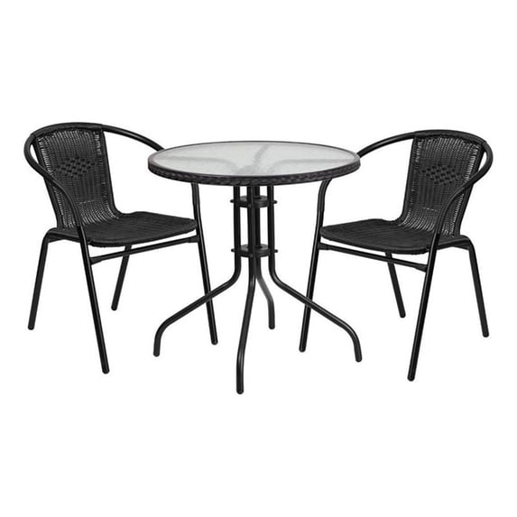 Bowery Hill 2 Piece Rattan/Glass Round Patio Dining Set in Black