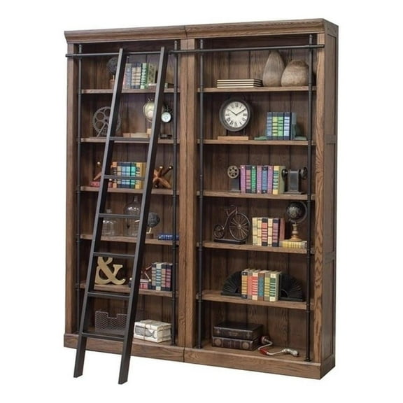 Bowery Hill 2 pc 5-Adjustable Shelf Tall Modern Wood Bookcase in Oak