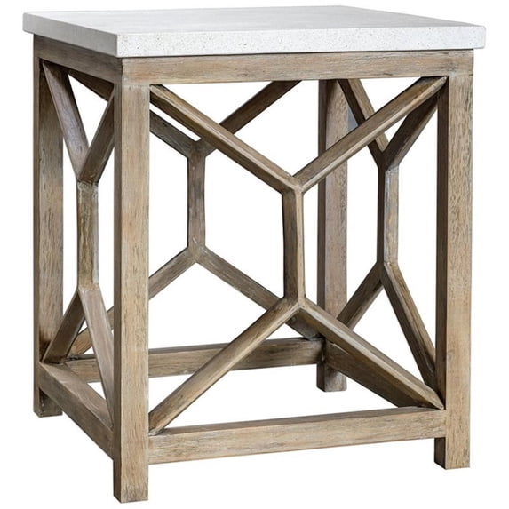 Bowery Hill 22" Square Stone Top End Table in Ivory and Oatmeal