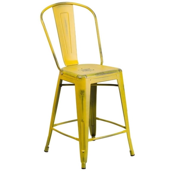 Bowery Hill 24" Metal Curved Slat Back Counter Stool in Distressed Yellow