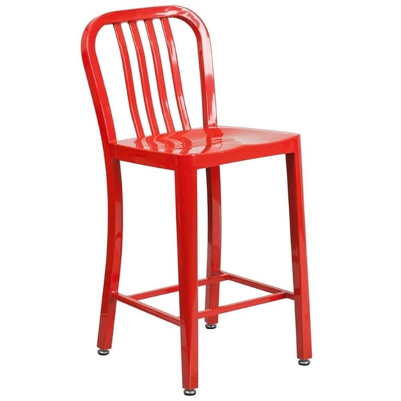 Bowery Hill 24" Metal Vertical Slat Back Counter Stool in Red