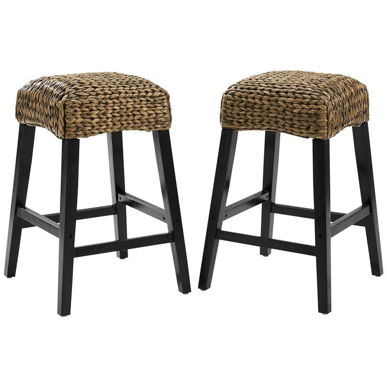 Black Mahogany and Rattan Backless Bar Stools, Set of 2