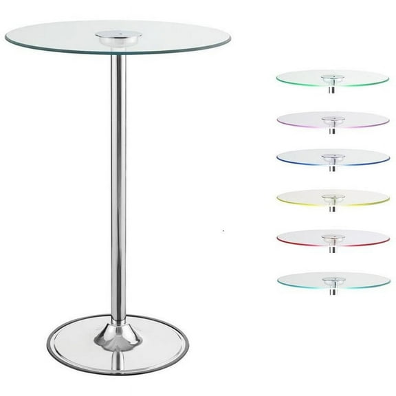 Bowery Hill 28" Round Glass Top LED Lit Pub Table in Chrome
