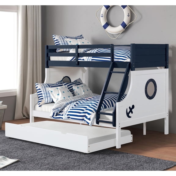 Bowery Hill 2pc Solid Wood Twin over Full Bunk Bed with Trundle Set in Blue