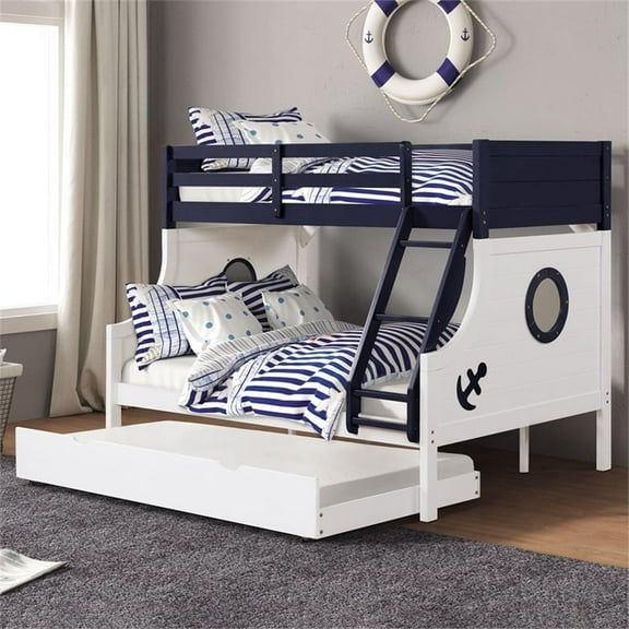Bowery Hill 2pc Solid Wood Twin over Full Bunk Bed with Trundle Set in Blue