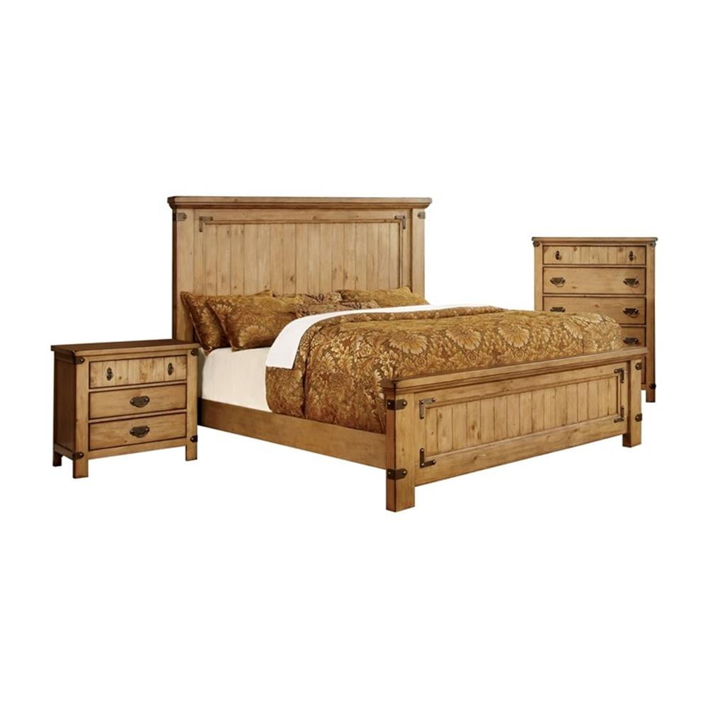 White and Brown Queen Farmhouse Bedroom Set - 3-Piece Storage Bed with Sliding Doors