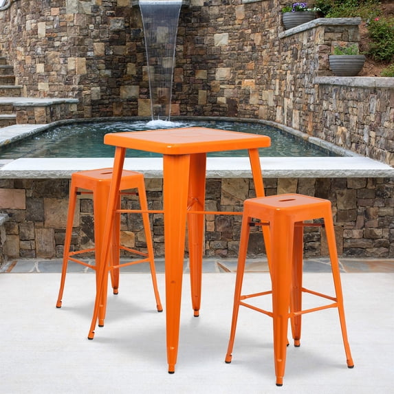 Bowery Hill 3 Piece Galvanized Steel Metal/Rubber Bar Table Set in Orange