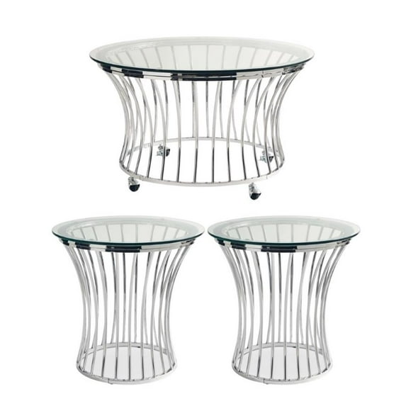 Bowery Hill 3 Piece Glass Top and Metal Base Occasional Table Set in Chrome