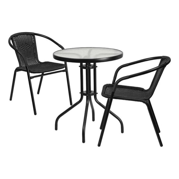 Bowery Hill 3 Piece Rattan/Metal Round Patio Bistro Set in Black