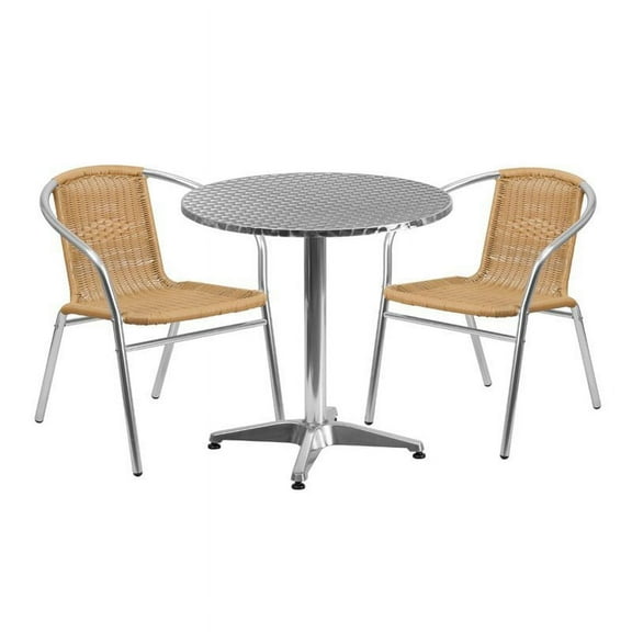Bowery Hill 3 Piece Round Patio Dining Set in Aluminum and Beige