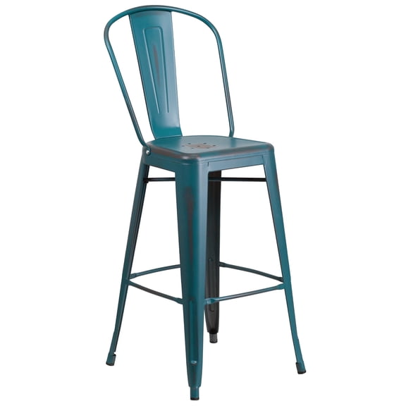 Bowery Hill 30" Metal Curved Slat Back Bar Stool in Distressed Kelly Blue