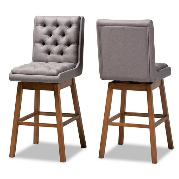 Bowery Hill 31" Fabric Tufted Swivel Bar Stool in Gray and Walnut (Set of 2)