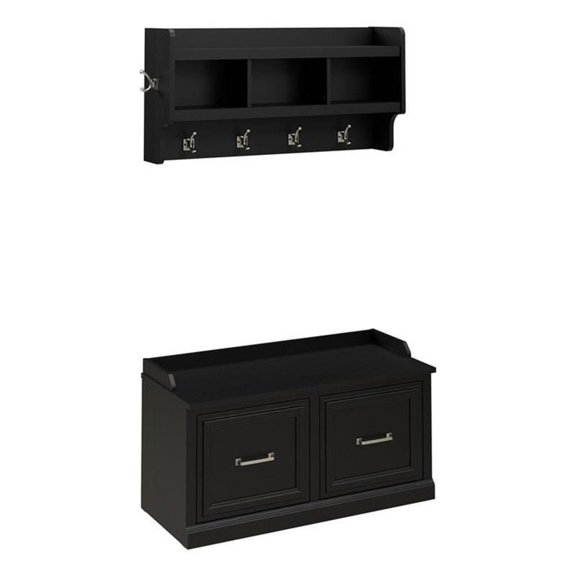 Bowery Hill 40" Engineered Wood Shoe Bench with Doors and Coat Rack in Black Oak