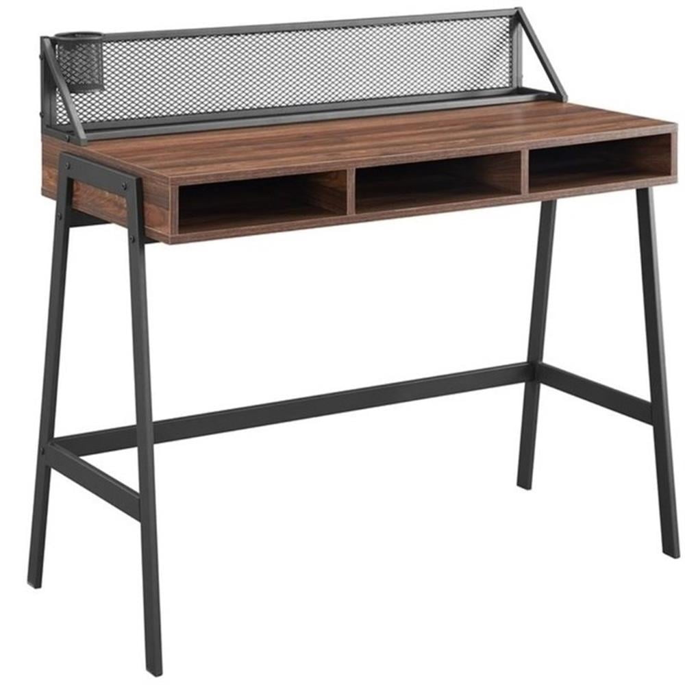 42" Dark Walnut Wood and Metal Mesh Writing Desk