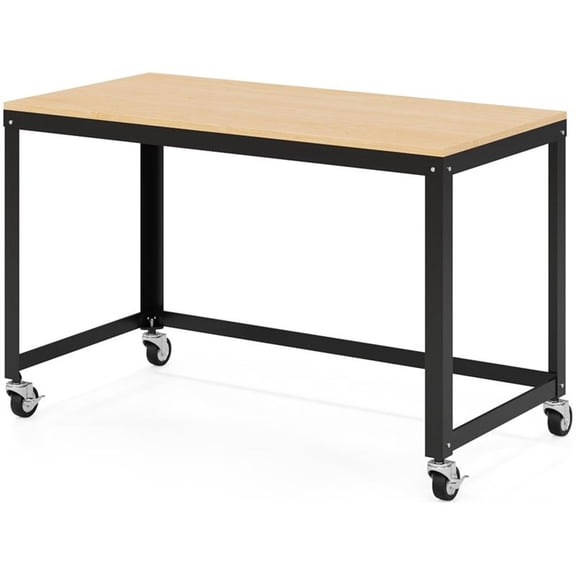 Bowery Hill 48" W Mobile Metal Desk with Laminate Top - Black/Maple
