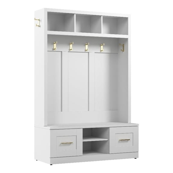 Bowery Hill 48W Hall Tree and Shoe Bench in White - Engineered Wood