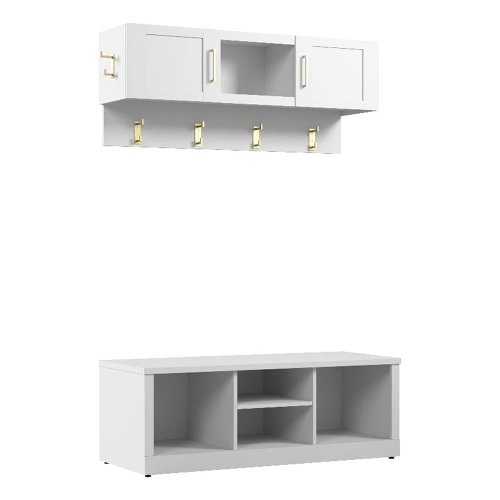 Hil Bench Rack Bowery Hill 48W Shoe Bench and Wall Coat Rack in White - Engineered ...