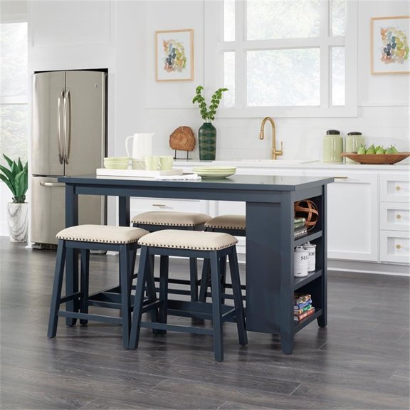 Bowery Hill 5 Piece Counter Dining Set with Bookshelf Table in Navy Blue
