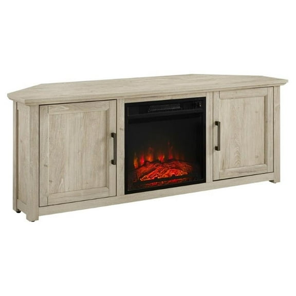 Bowery Hill 58"Wood Corner TV Stand with Fireplace in Frosted Oak