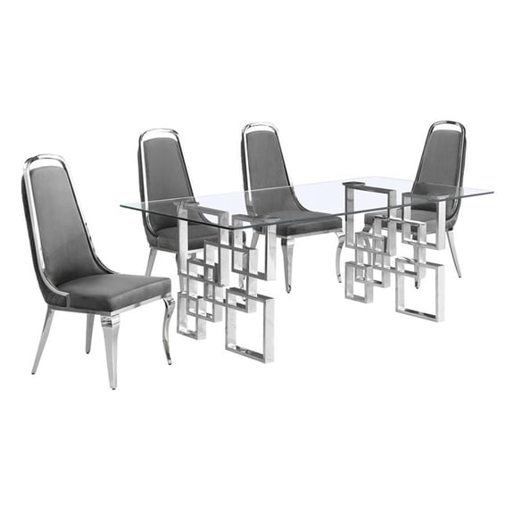 Bowery Hill 5pc Tempered Glass Dining Set with Dark Gray Velvet Chairs