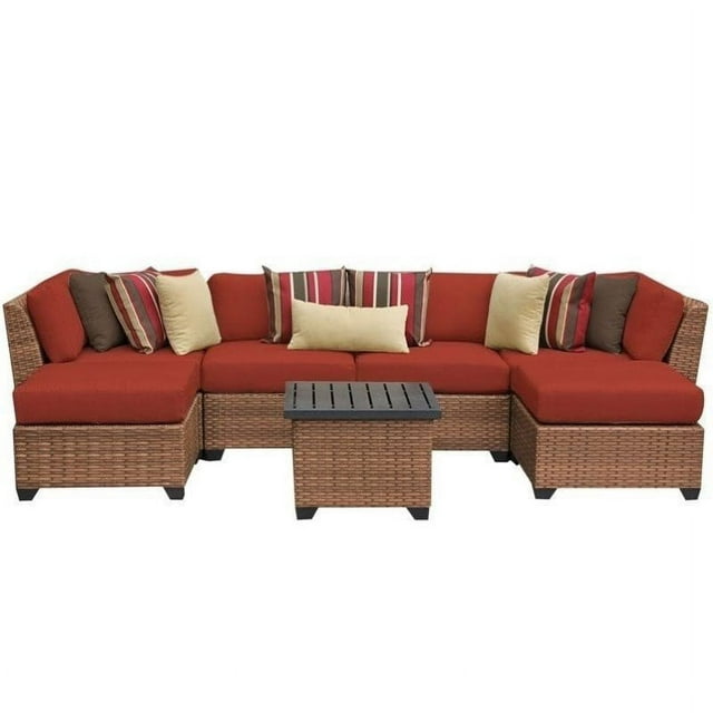 Bowery Hill 7 Piece Coastal Wicker/Fabric Outdoor Sofa Set in Terracotta Orange