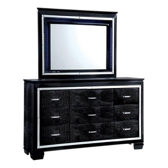 Bowery Hill 9 Drawers Contemporary Wood LED Dresser and Mirror in Black
