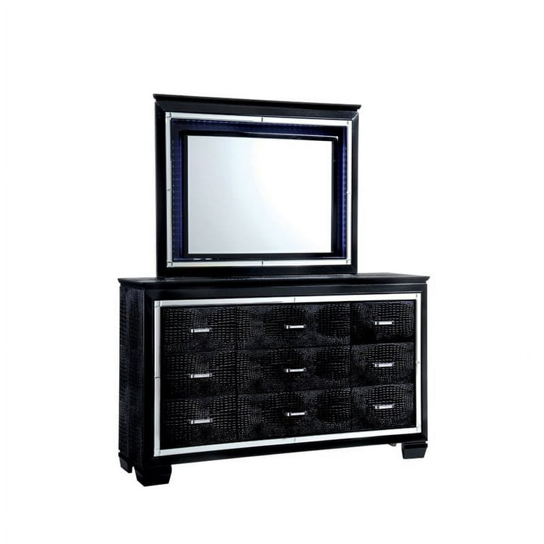 Bowery Hill 9 Drawers Contemporary Wood LED Dresser and Mirror in Black