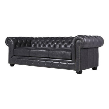 Bowery Hill 95"W Traditional Leather Tufted Back Chesterfield Sofa in Gray