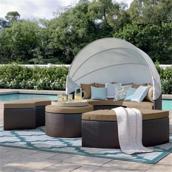 Bowery Hill Aluminum and Rattan Canopy Patio Daybed in Espresso/Mocha Brown