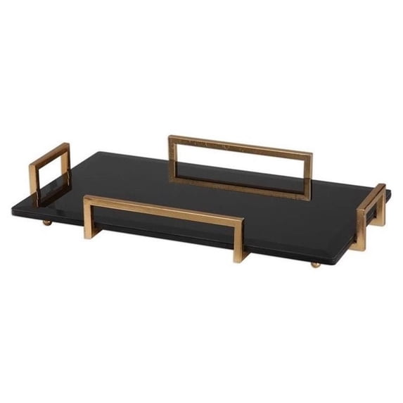 Bowery Hill Black Glass Tray with Antiqued Gold Leaf Handles