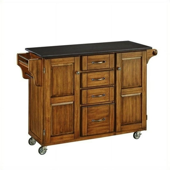 Bowery Hill Black Granite Kitchen Cart in Cottage Oak Wood
