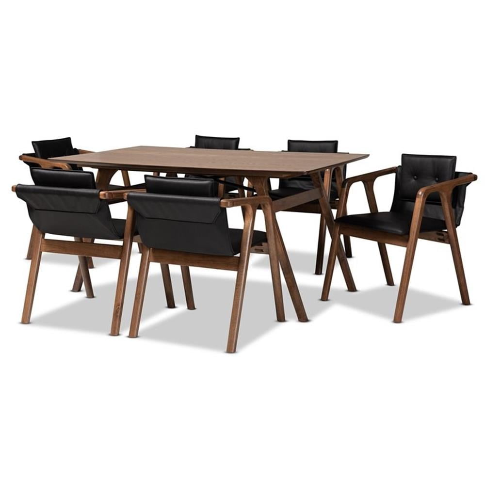 Bowery Hill Black Leather and Brown Finished Wood 7-Piece Dining Set