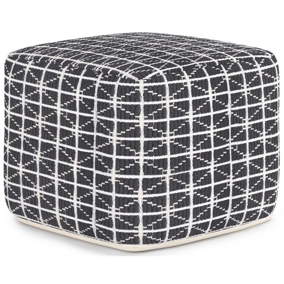 Bowery Hill Boho Square Pouf in Slate Gray and White Handloom Woven Pattern